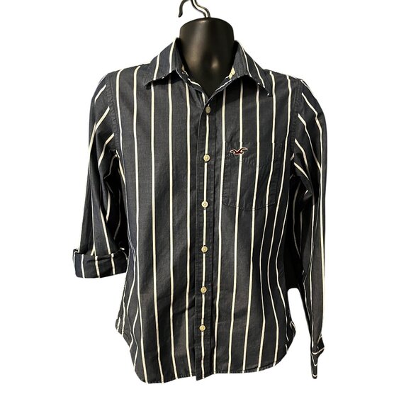 Hollister Navy & White Striped Button-Up Shirt small - Picture 1 of 4